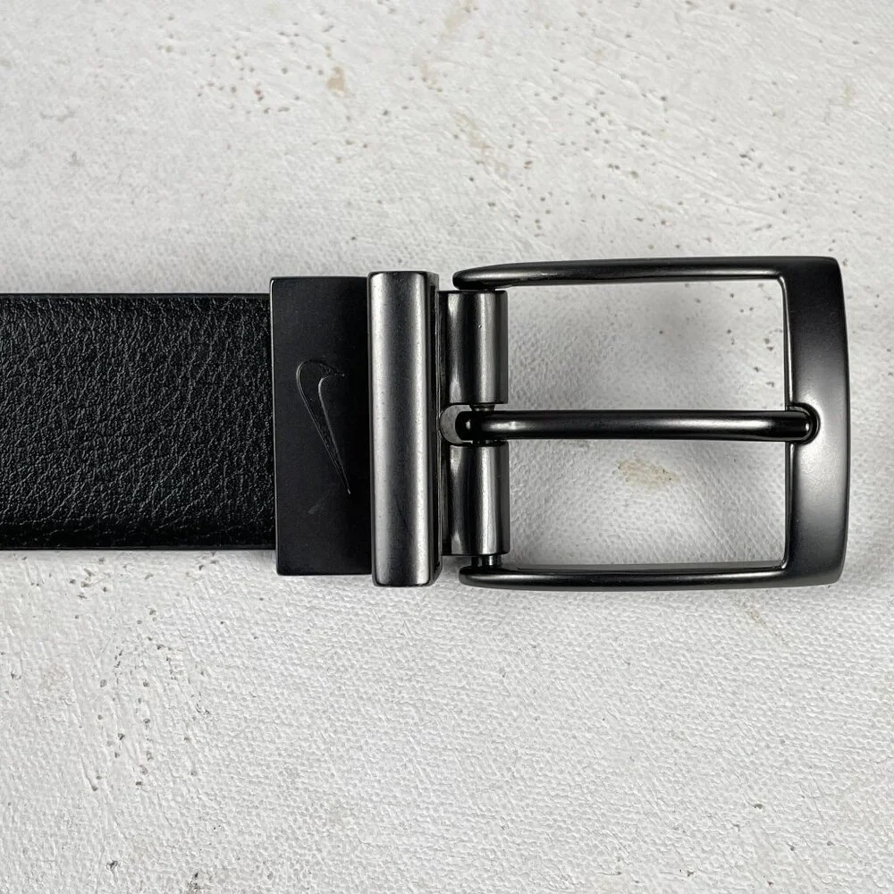 Nike Black Brown Genuine Leather‎ Belt Mens 42 Silver Buckle Mens